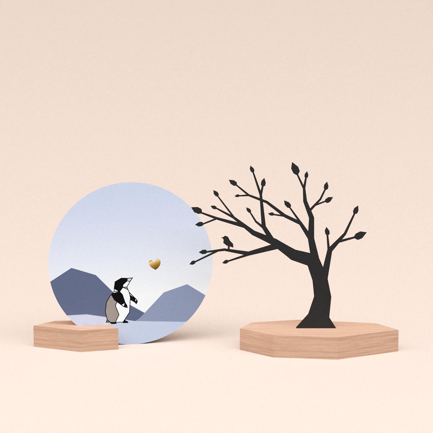 luxe cadeau woondecoratie met boom met vogeltje illustratie en ronde wenskaart kleine pinguin