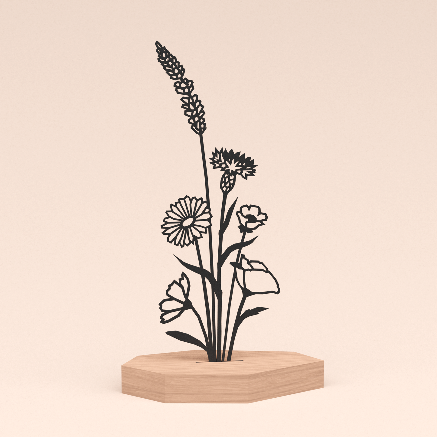 geometrische design illustratie bloemen | boeket in kersenhouten standaard