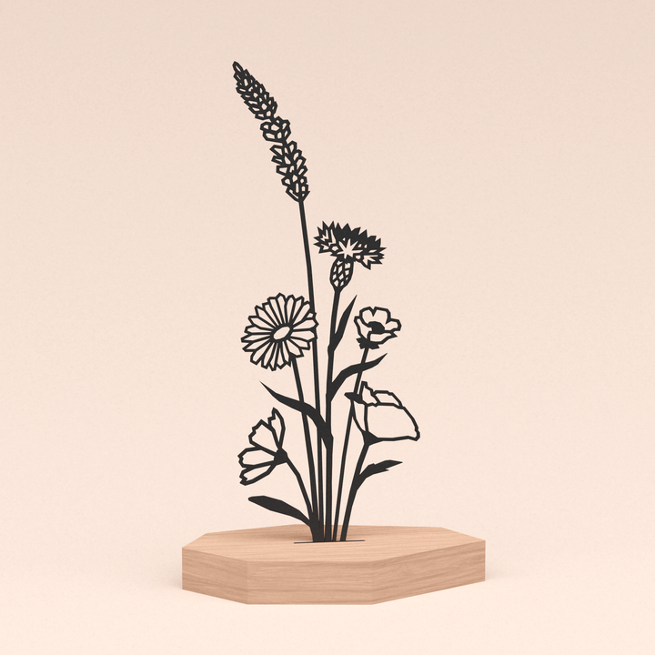 geometrische design illustratie bloemen | boeket in kersenhouten standaard