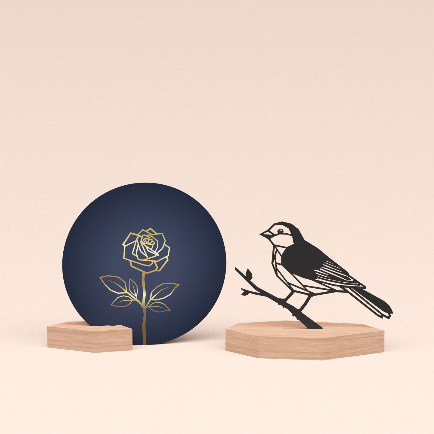 luxe cadeau wenskaarthouder met vogel | mus illustratie en ronde wenskaart roos blauw