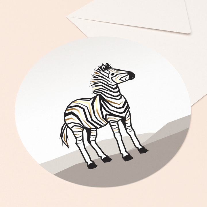 rond kaartje zebra met goudfolie in luxe envelop