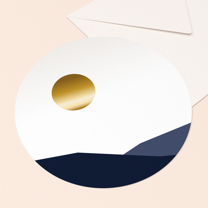 rond kaartje zonsondergang met goudfolie in luxe envelop