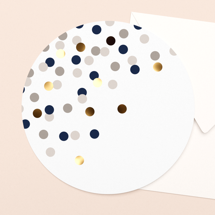 ronde ansichtkaart confetti champagne met goud in luxe envelop