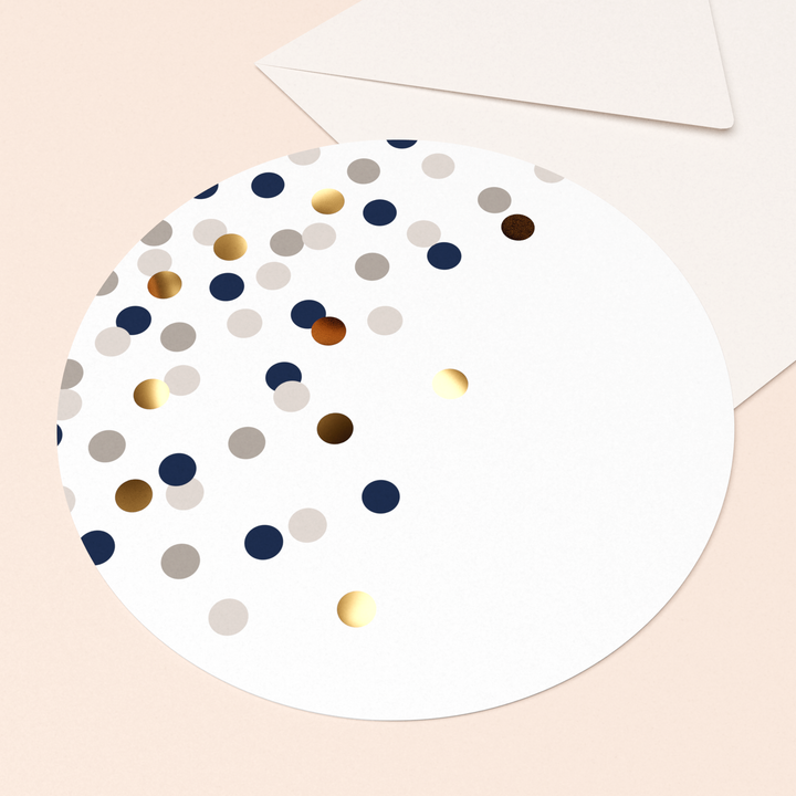 rond kaartje confetti champagne met goudfolie in luxe envelop