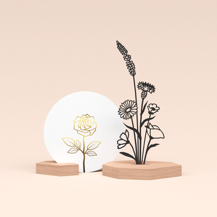 luxe cadeau kaartstandaard met bloemenboeket illustratie en ronde kaart roos wit