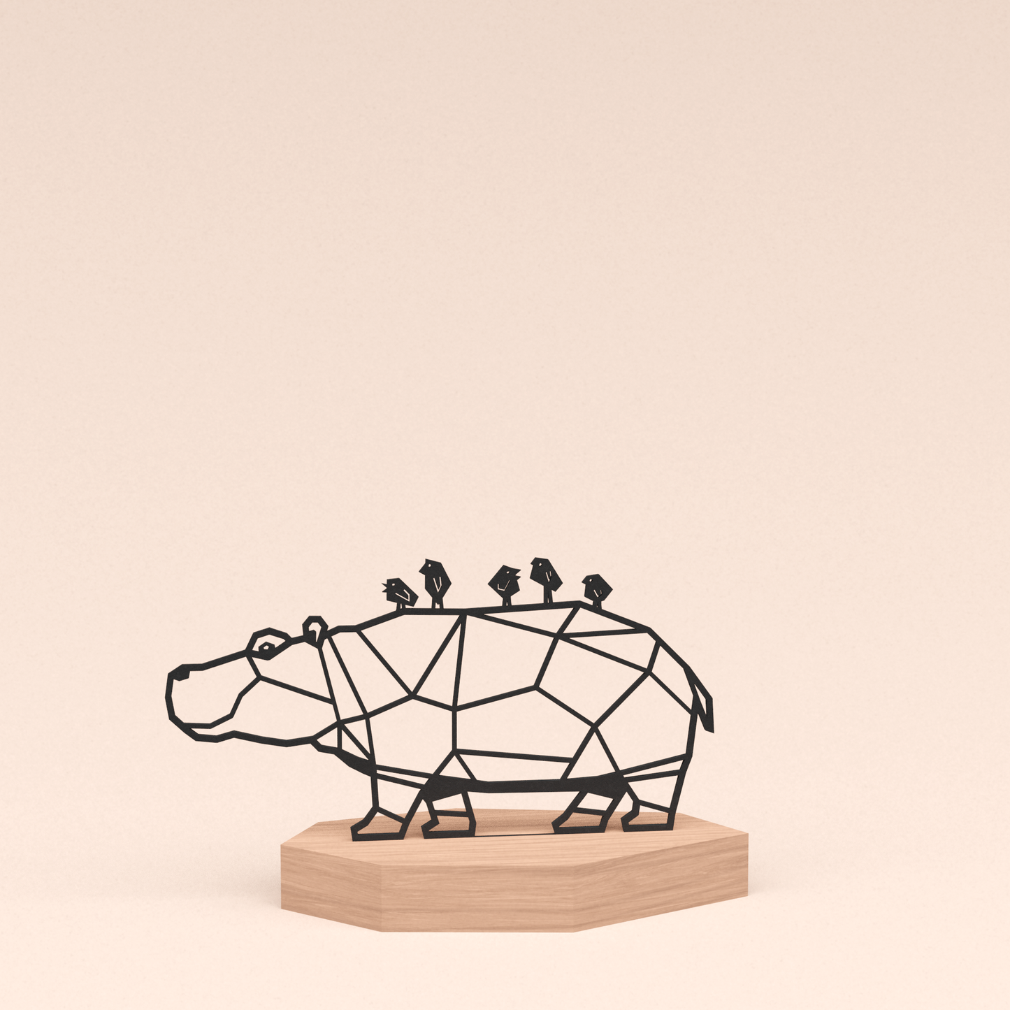 Geometrische nijlpaard met vogeltjes op zijn rug in houten standaard