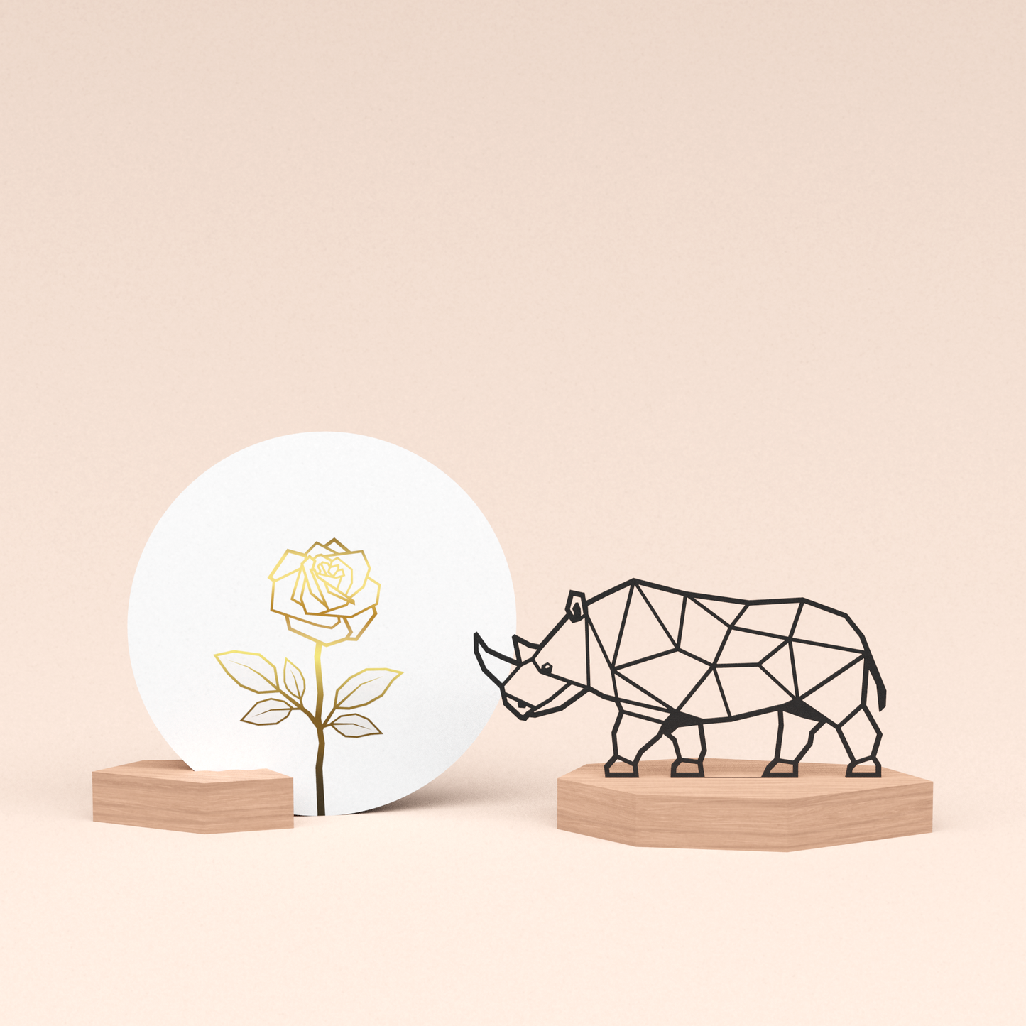 luxe cadeau kaartstandaard met neushoorn illustratie en ronde kaart roos wit