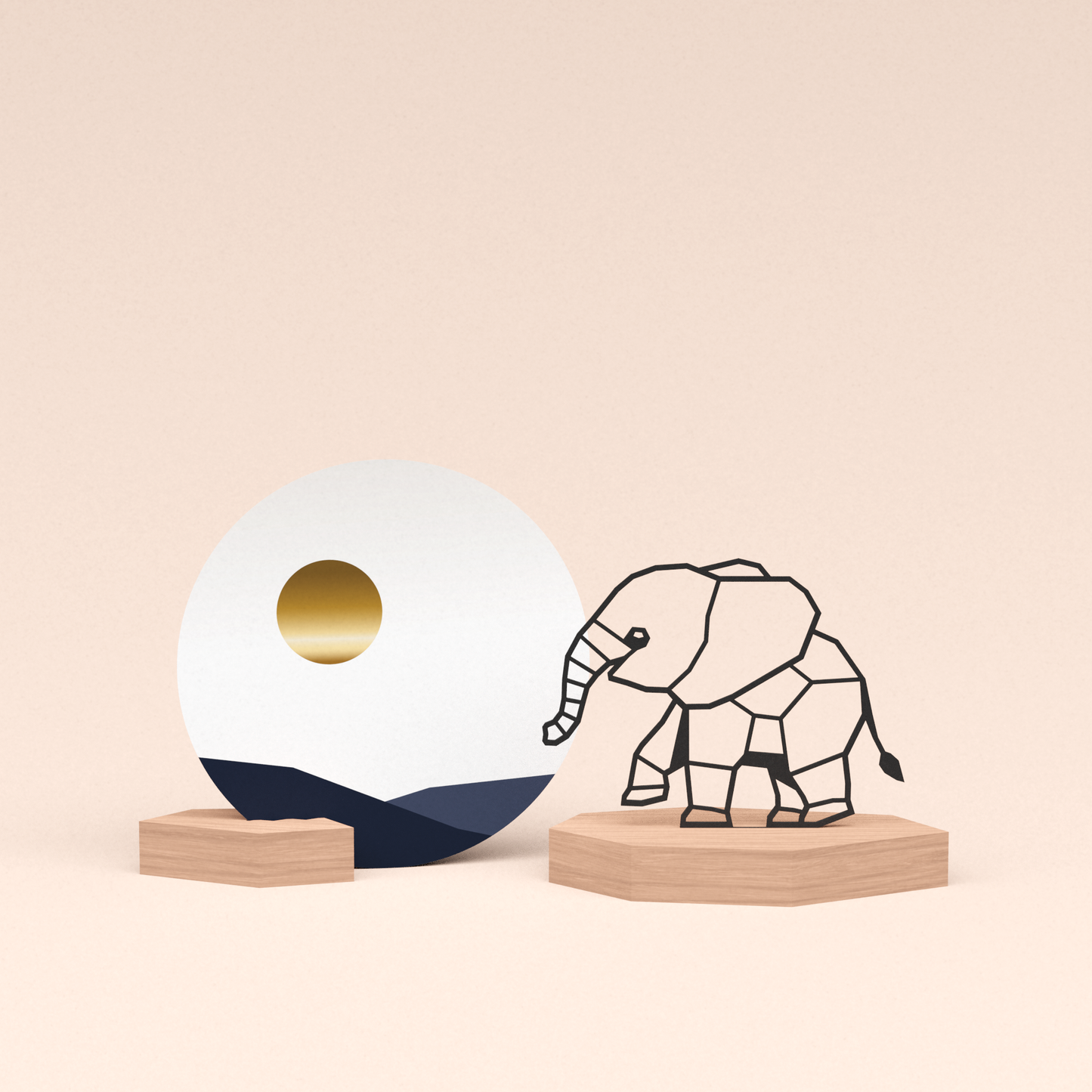 luxe cadeau wenskaarthouder met olifantje illustratie en ronde wenskaart zonsondergang