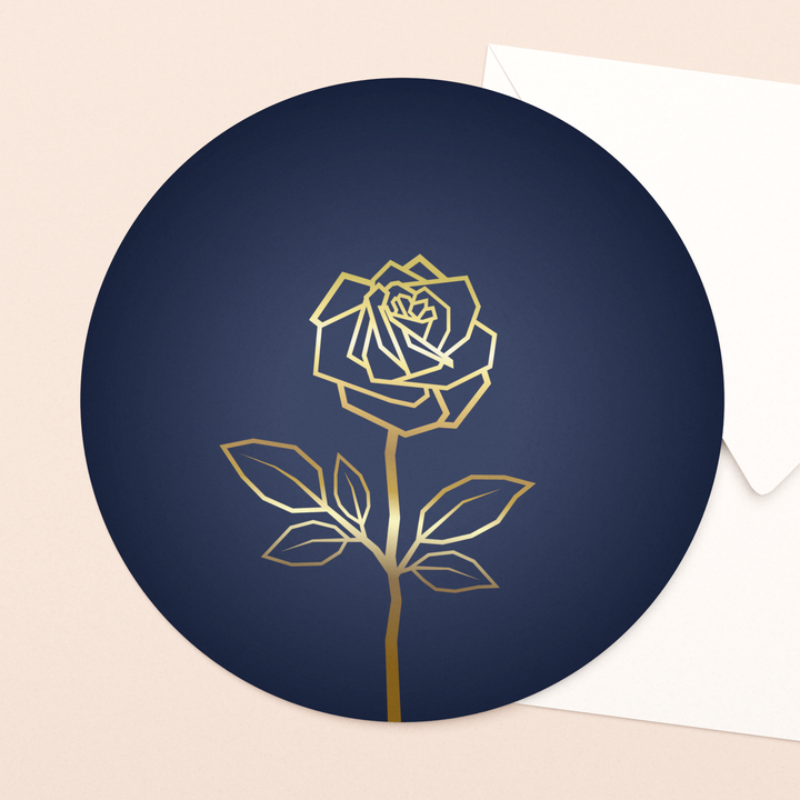 ronde ansichtkaart roos blauw met goud in luxe envelop