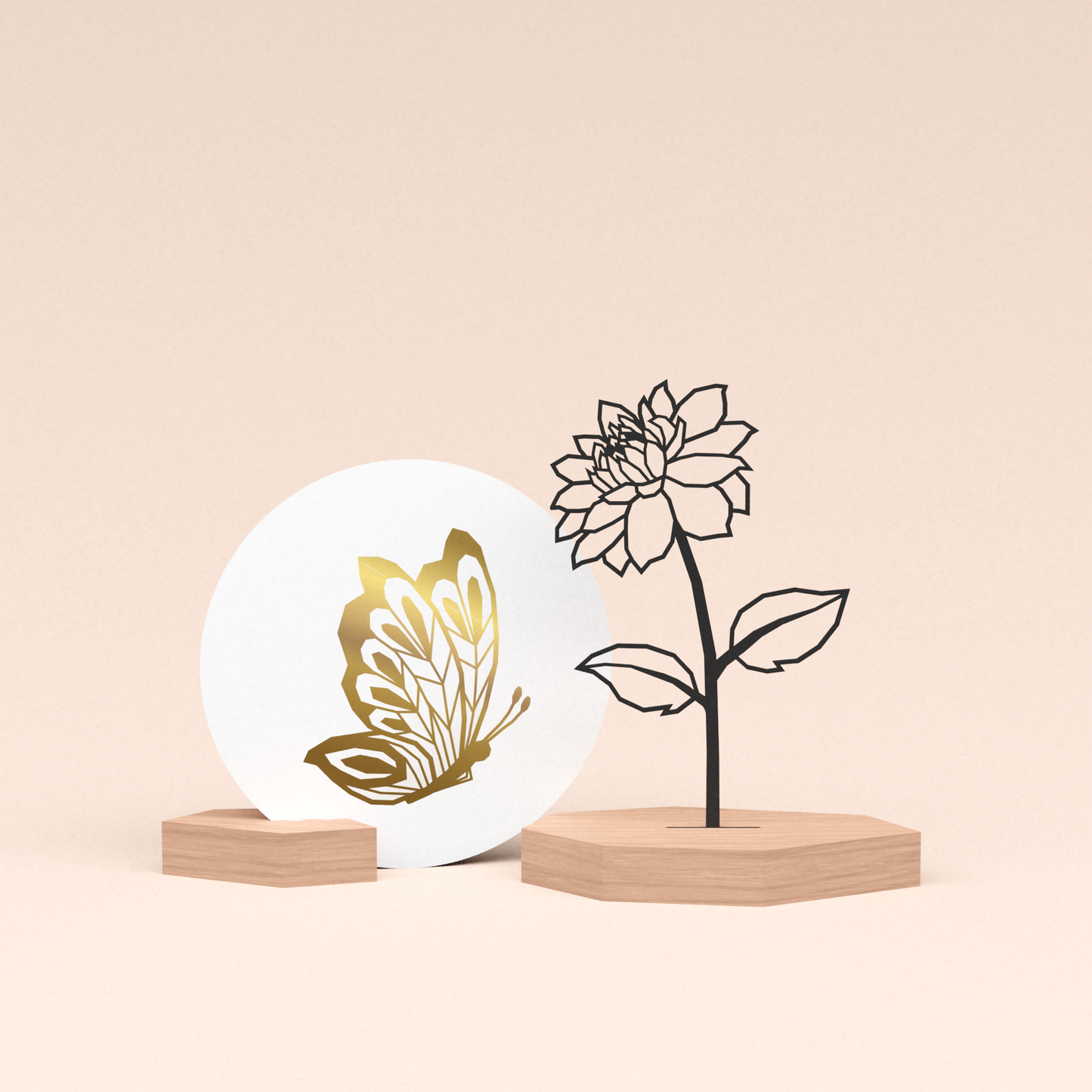 luxe cadeau woondecoratie met bloem | dahlia illustratie en ronde wenskaart gouden vlinder