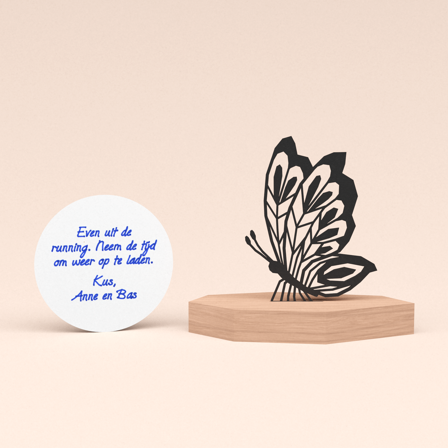 Beterschap cadeau elegante vlinder in houten standaard met klein rond handgeschreven beterschapskaartje