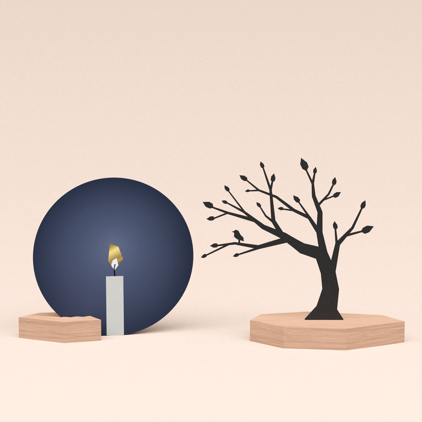 luxe cadeau woondecoratie met boom met vogeltje illustratie en ronde wenskaart kaarslicht 