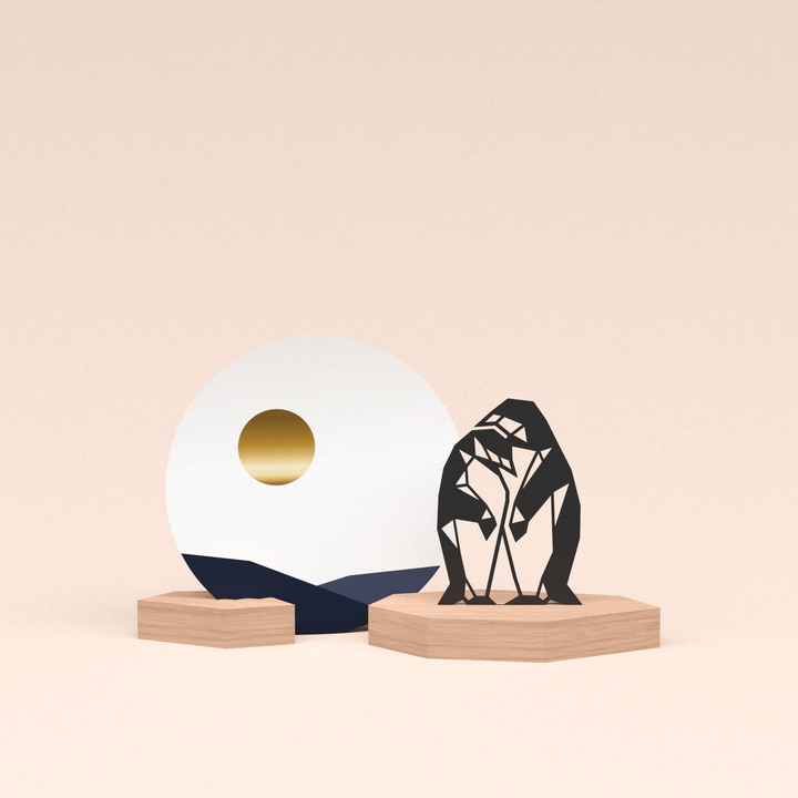 luxe cadeau wenskaarthouder met pinguin stelletje illustratie en ronde wenskaart zonsondergang