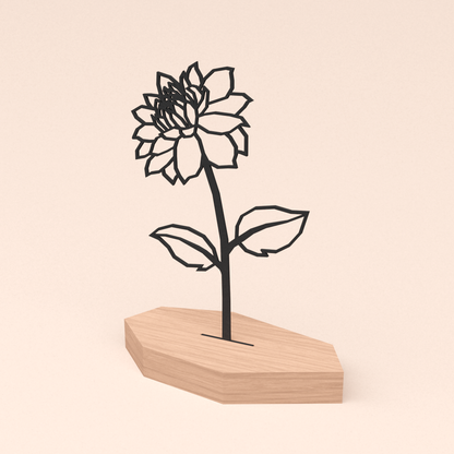 matzwarte design illustratie dahlia bloem in houten standaard  