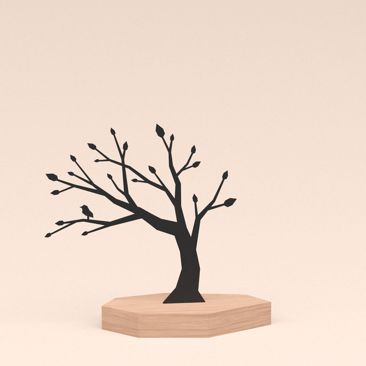 polygone design illustratie boom met vogeltje in kersenhouten standaard  