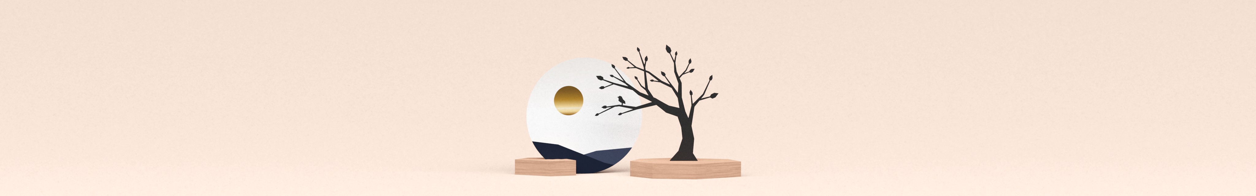 stijlvol condoleance troostcadeau met minimalistische illustratie boom met vogeltje en ronde kaart met gouden zon