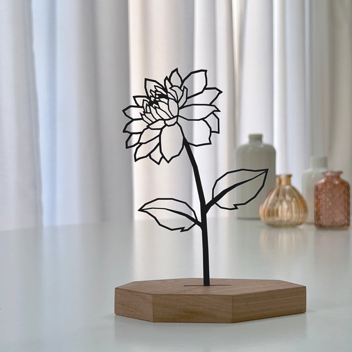 Stijlvolle bloem dahlia decoratie voor op vensterbank - duurzaam design van matzwart karton en hout