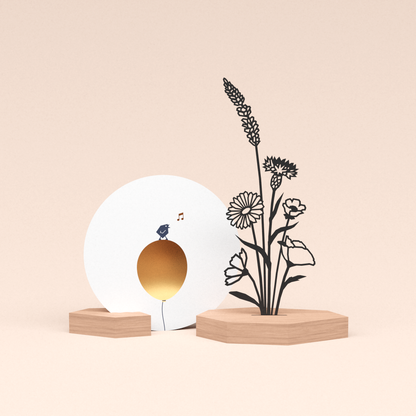 luxe cadeau kaartstandaard met bloemenboeket illustratie en ronde kaart tjiep hoera 