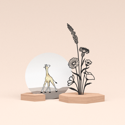 luxe cadeau wenskaarthouder met bloemenboeket illustratie en ronde wenskaart girafje 