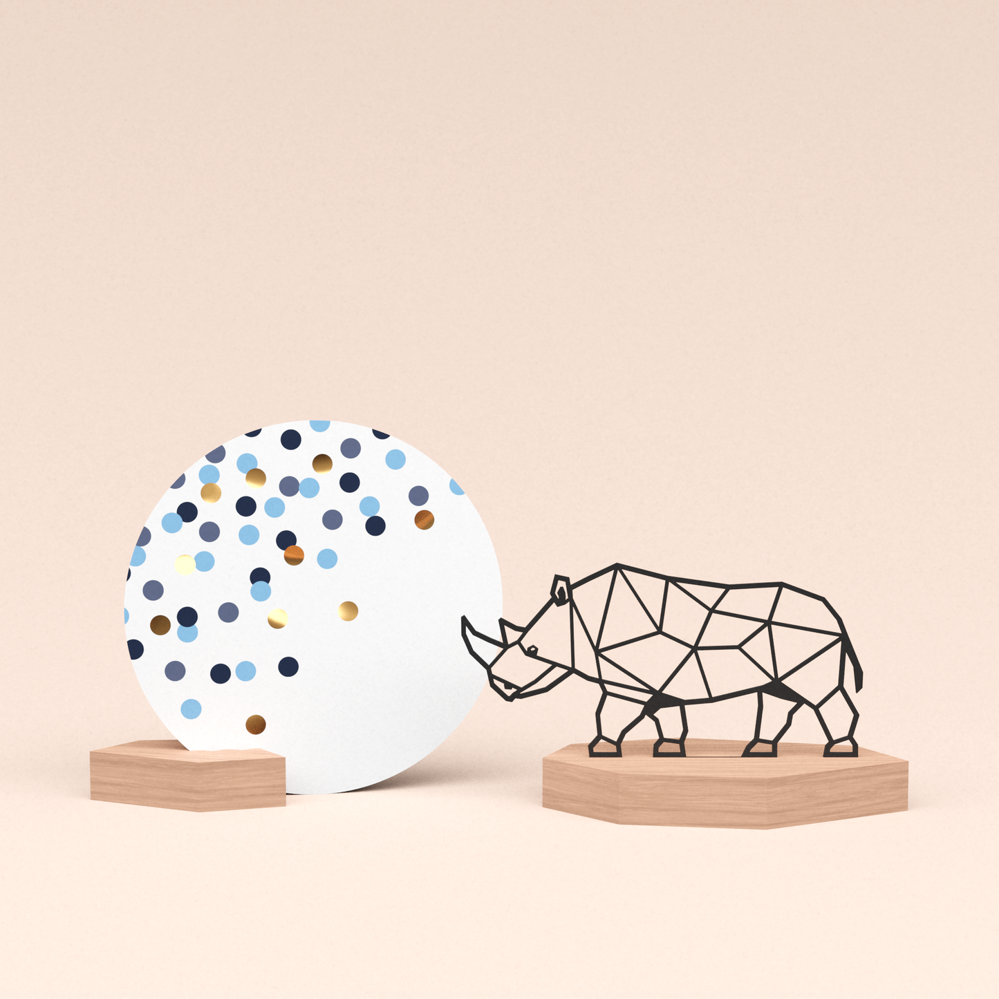 luxe cadeau woondecoratie met neushoorn illustratie en ronde wenskaart confetti blauw 