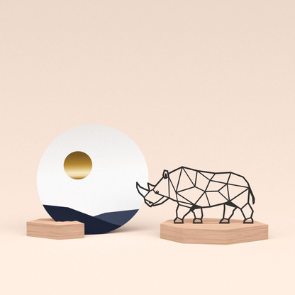 luxe cadeau woondecoratie met neushoorn illustratie en ronde wenskaart zonsondergang 