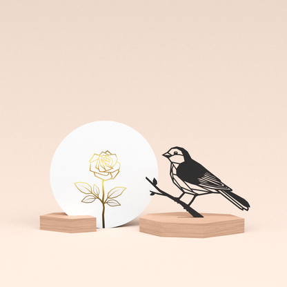 luxe cadeau kaarthouder met vogel | mus illustratie en ronde kaart roos wit 