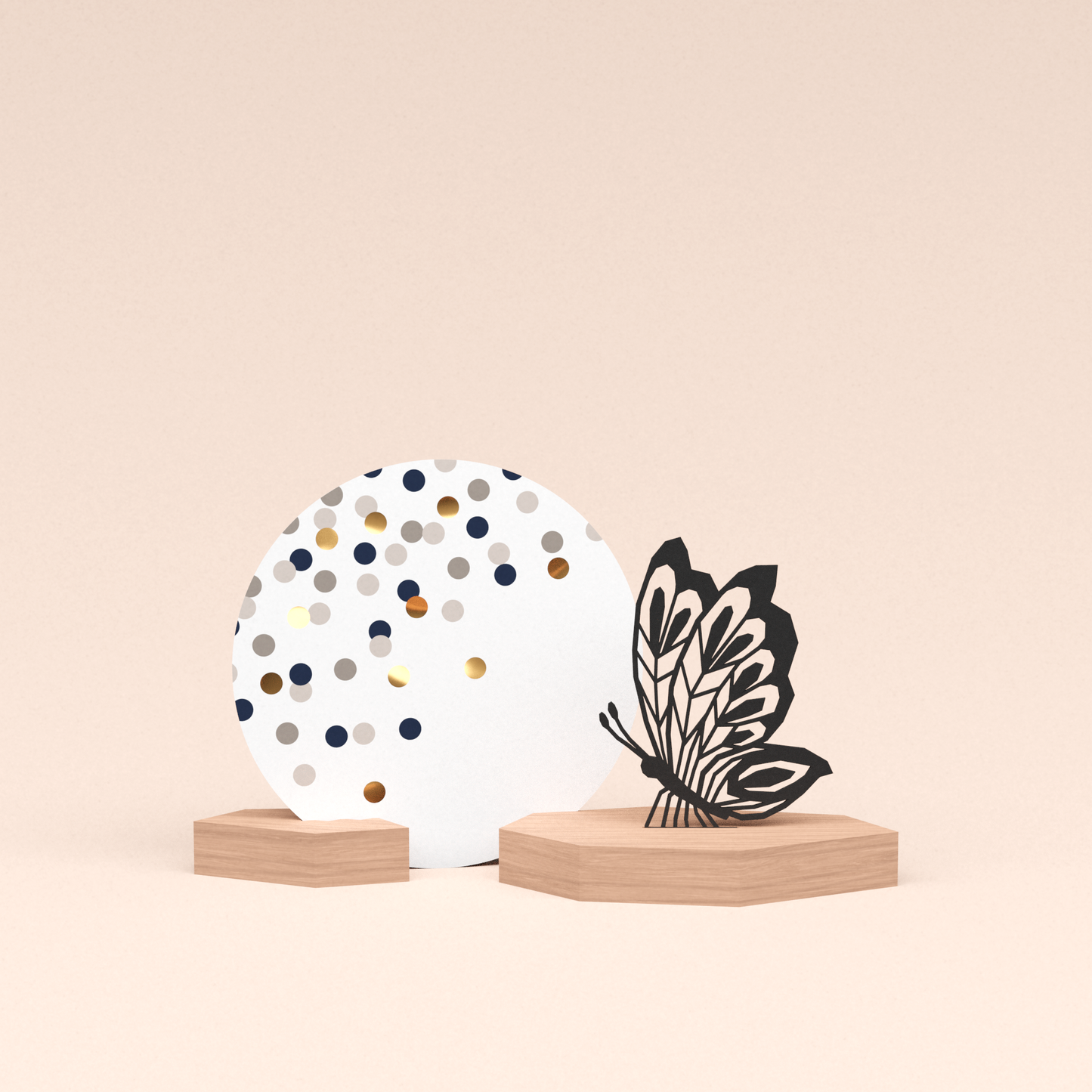 luxe cadeau kaartstandaard met vlinder illustratie en ronde kaart confetti champagne 