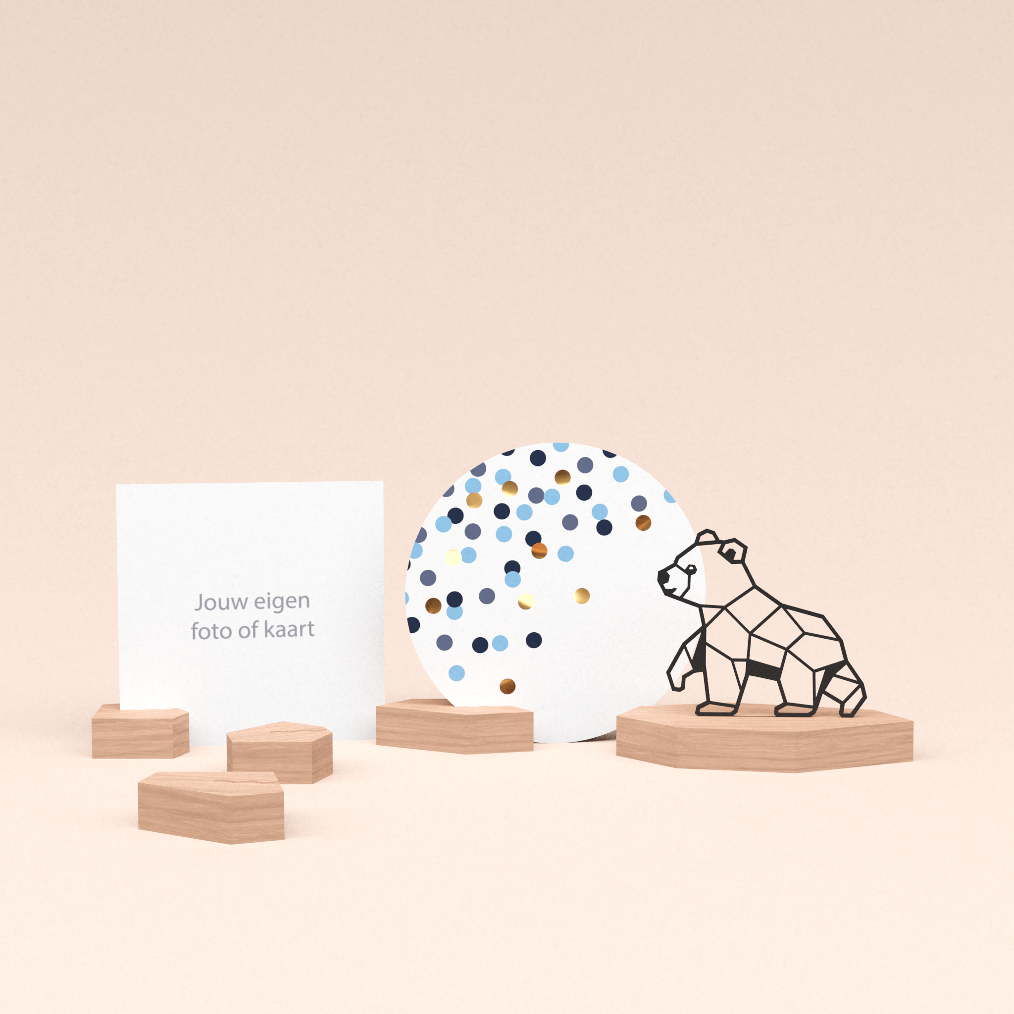 premium fotohouder cadeauset met beer illustratie en luxe ronde wenskaart confetti blauw