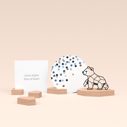 premium fotohouder cadeauset met beer illustratie en luxe ronde wenskaart confetti blauw 