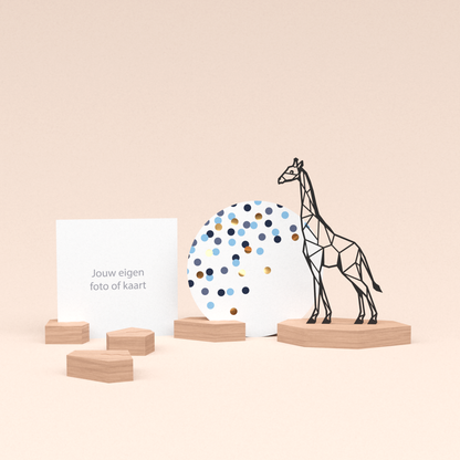 premium fotohouder cadeauset met giraf illustratie en luxe ronde wenskaart confetti blauw 