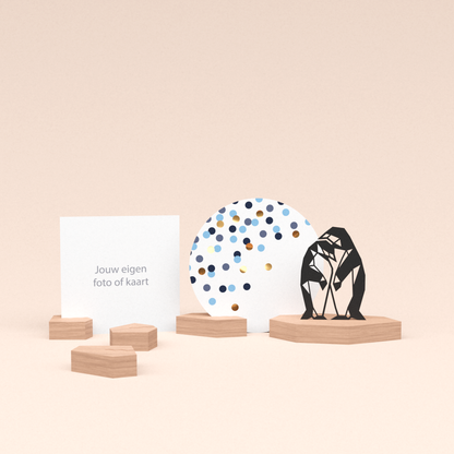 premium fotohouder cadeauset met pinguins illustratie en luxe ronde wenskaart confetti blauw 