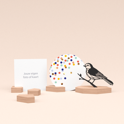 premium fotohouder cadeauset met mus illustratie en luxe ronde wenskaart confetti feest 