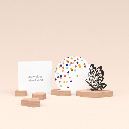 premium fotohouder cadeauset met vlinder illustratie en luxe ronde wenskaart confetti feest 