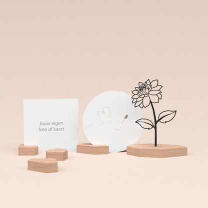 premium fotohouder cadeauset met dahlia bloem illustratie en luxe ronde wenskaart liefdevolle vlinder 