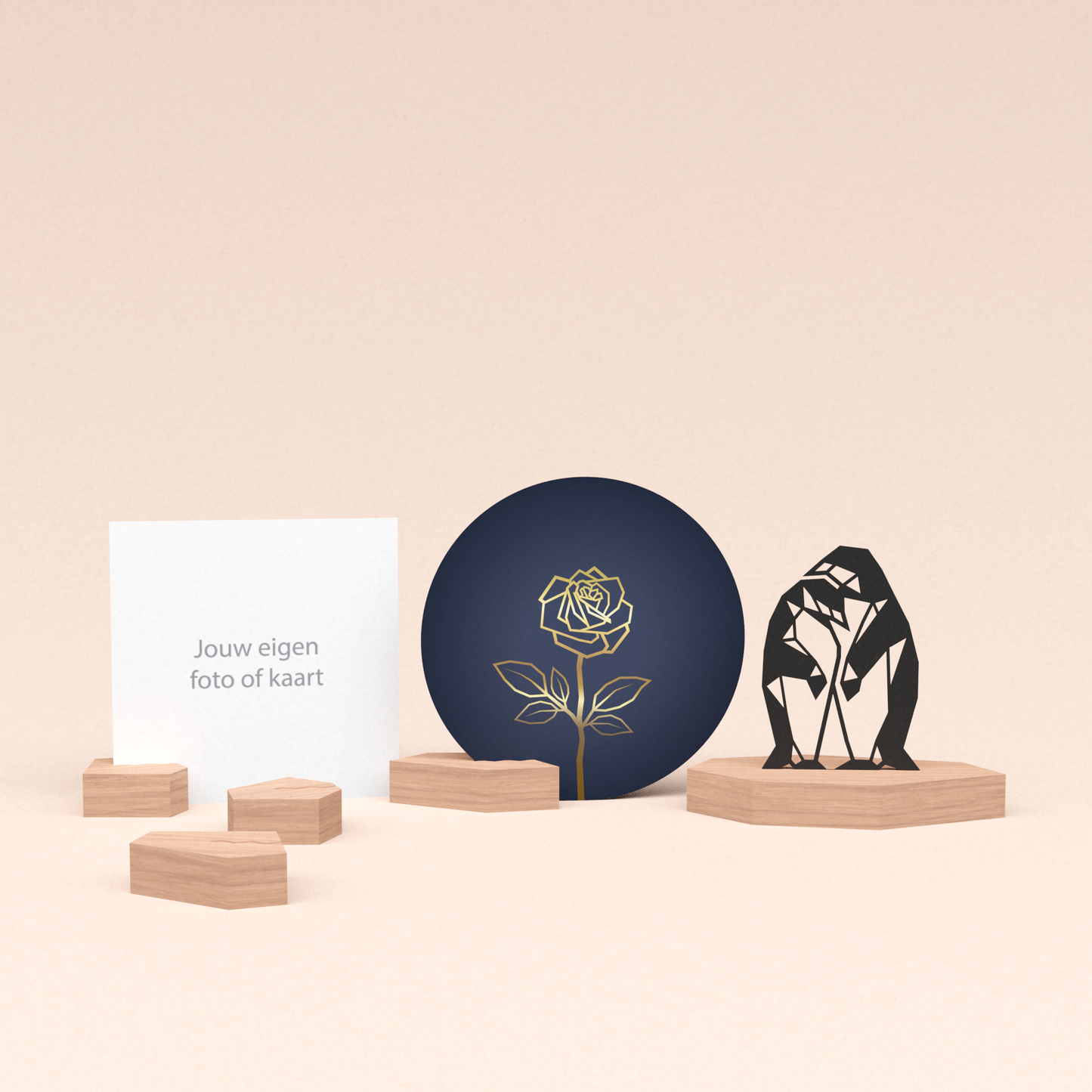 premium fotohouder cadeauset met pinguins illustratie en luxe ronde wenskaart roos (blauw) 