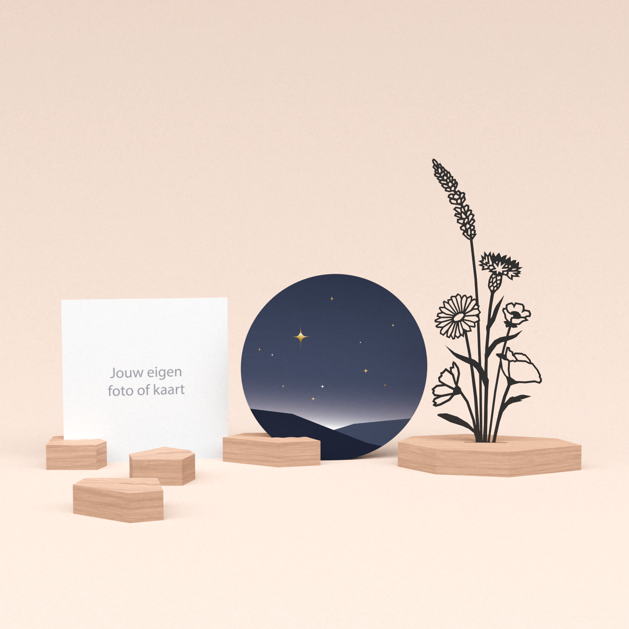 premium fotohouder cadeauset met bloemenboeket illustratie en luxe ronde wenskaart sterrenhemel