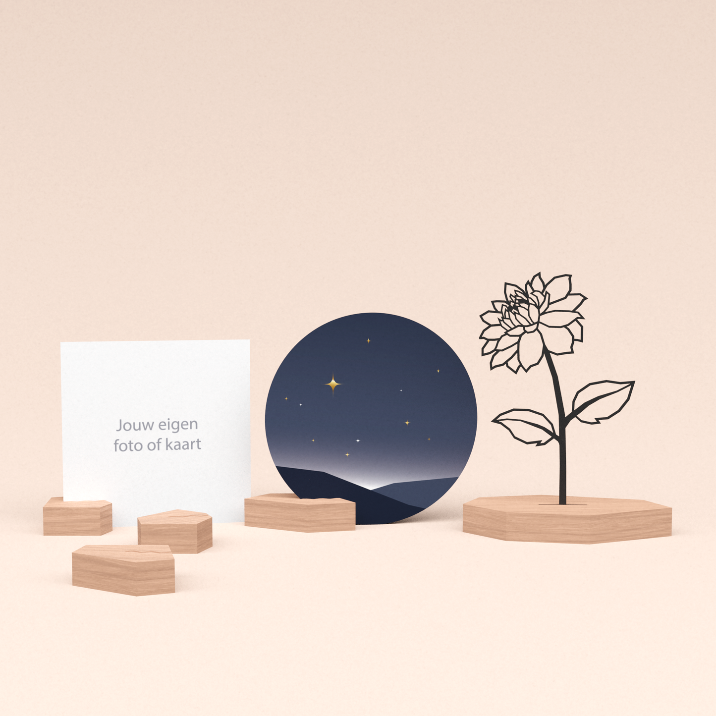 premium fotohouder cadeauset met dahlia bloem illustratie en luxe ronde wenskaart sterrenhemel 