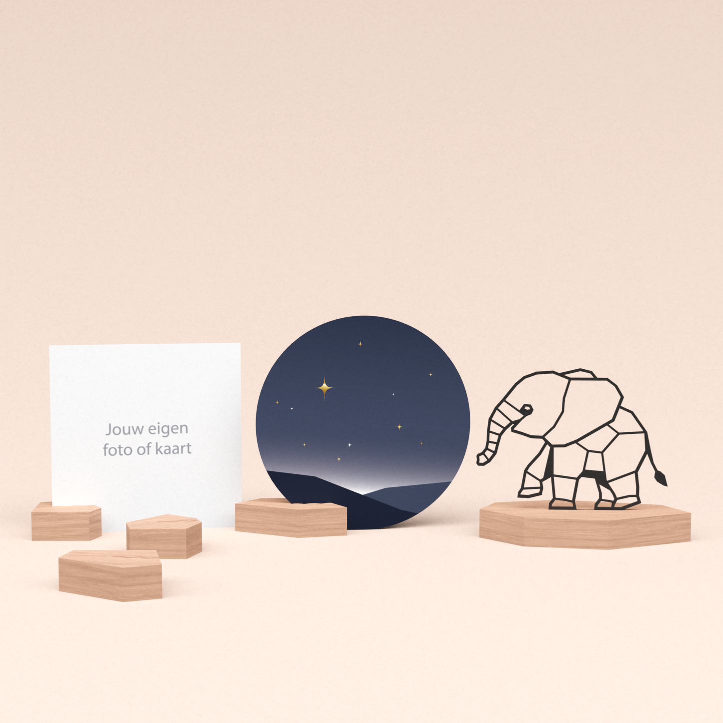 premium fotohouder cadeauset met olifant illustratie en luxe ronde wenskaart sterrenhemel 