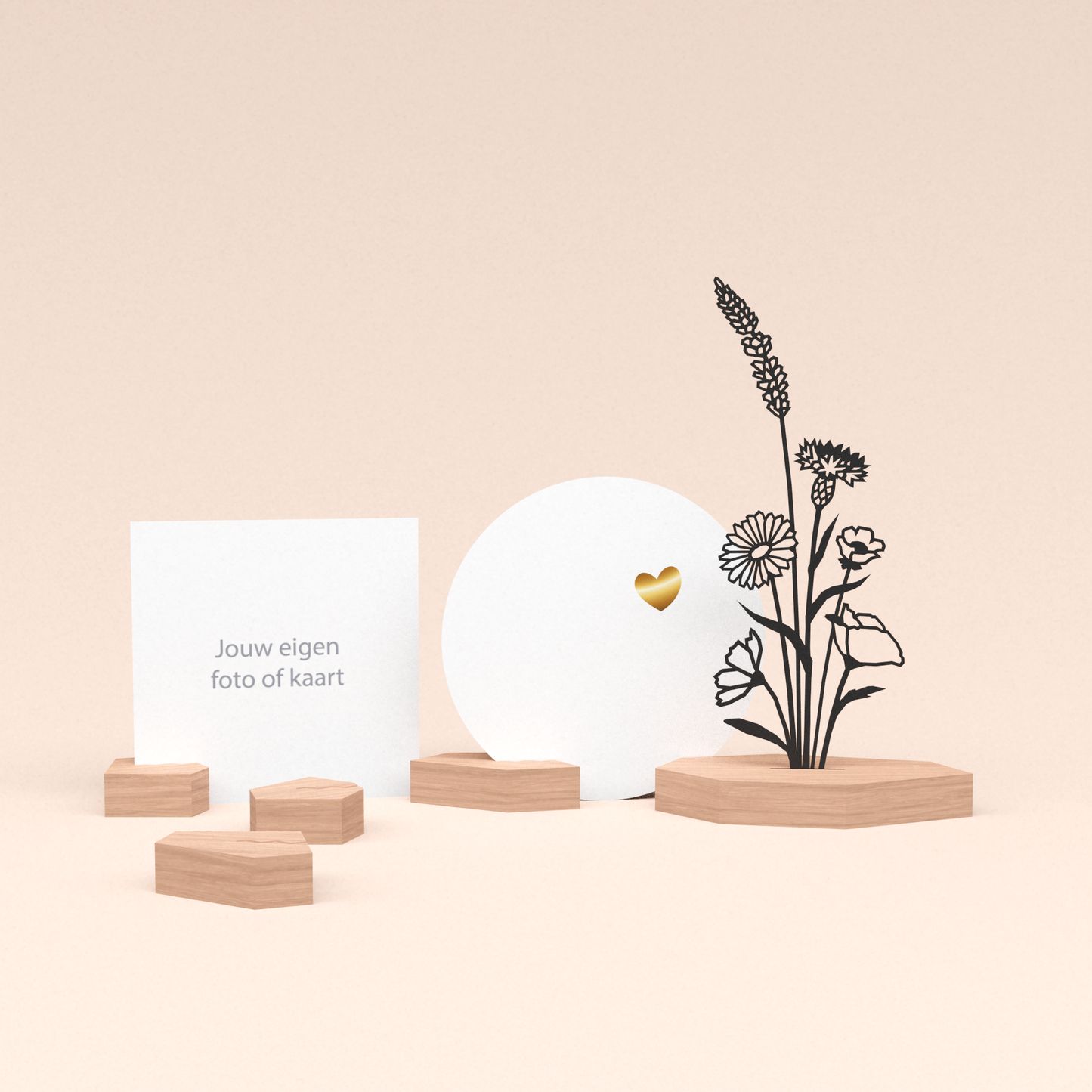 premium fotohouder cadeauset met bloemenboeket illustratie en luxe ronde wenskaart veel liefs 