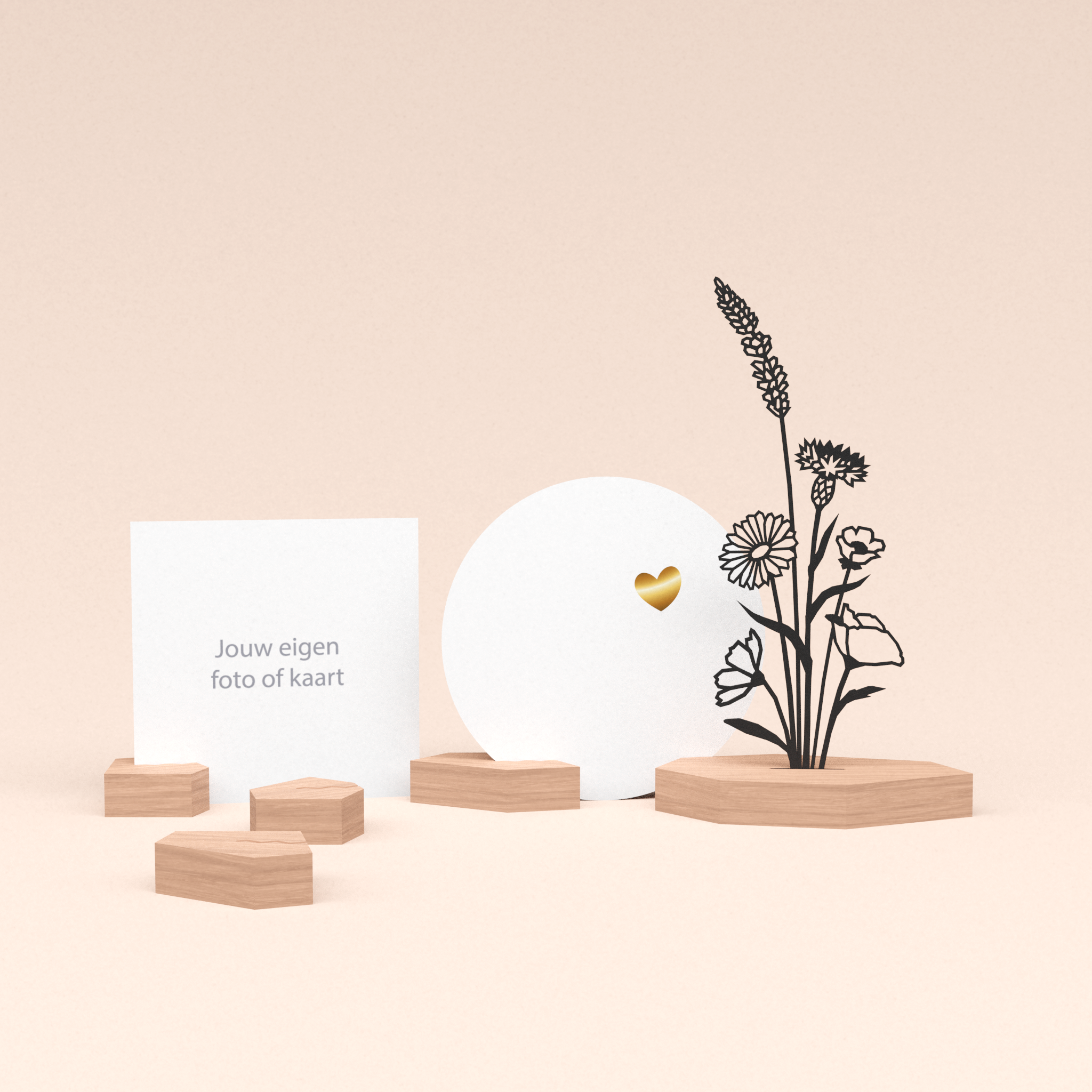 premium fotohouder cadeauset met bloemenboeket illustratie en luxe ronde wenskaart veel liefs