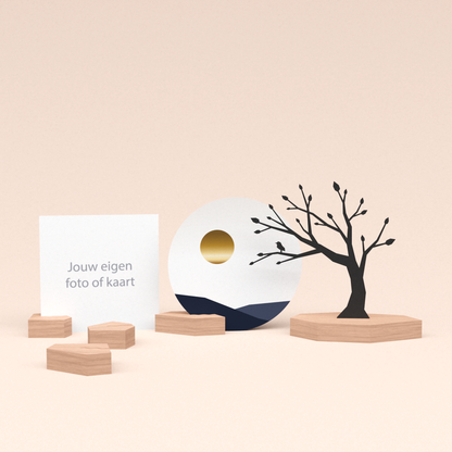 premium fotohouder cadeauset met boom illustratie en luxe ronde wenskaart zonsondergang 