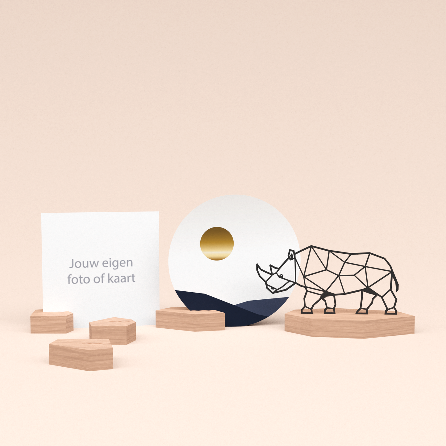 premium wenskaarthouder cadeauset met neushoorn illustratie en luxe ronde kaart zonsondergang 