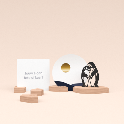 premium fotohouder cadeauset met pinguins illustratie en luxe ronde wenskaart zonsondergang 