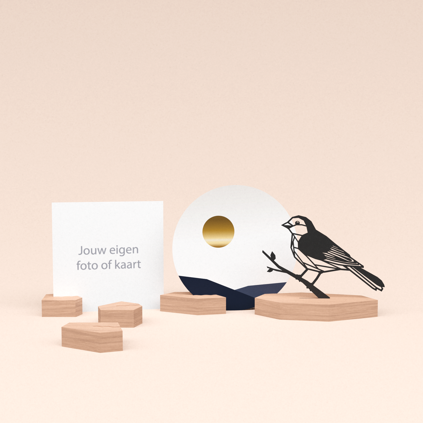 premium fotohouder cadeauset met mus illustratie en luxe ronde wenskaart zonsondergang
