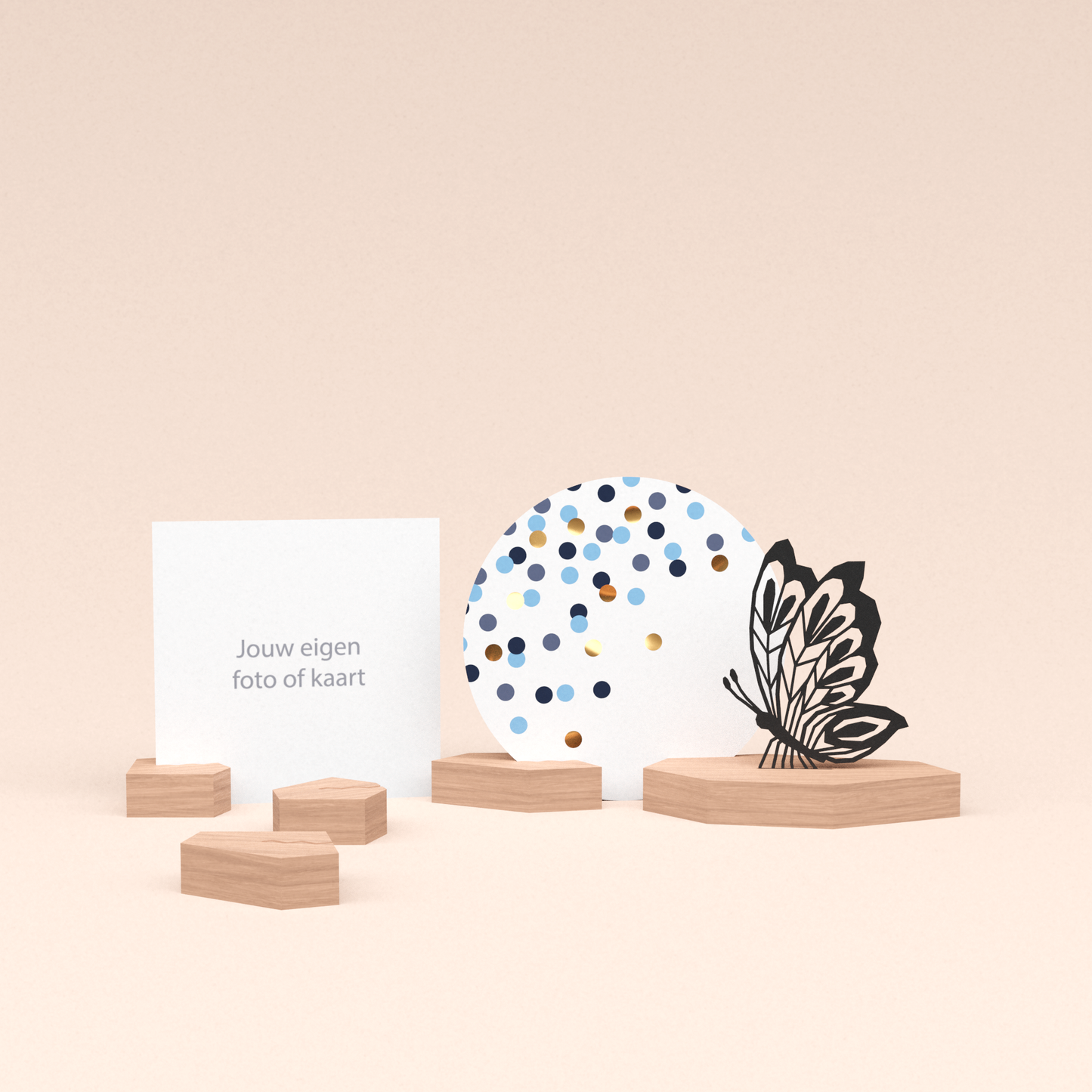 premium fotohouder cadeauset met vlinder illustratie en luxe ronde wenskaart confetti blauw 