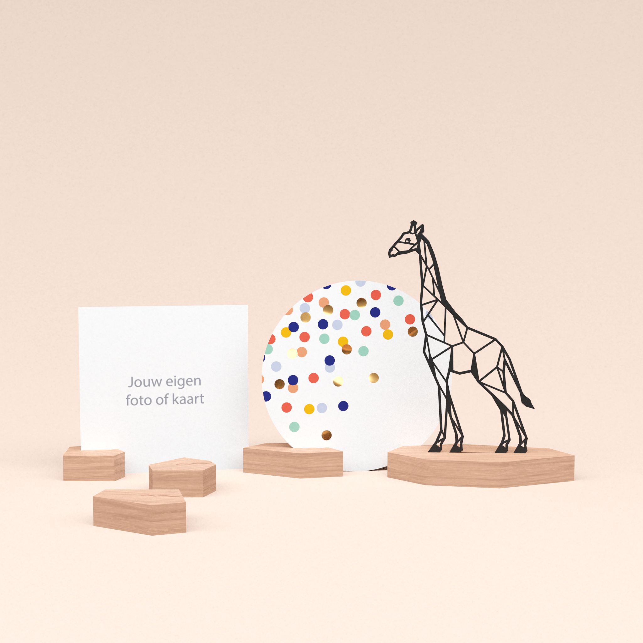 premium wenskaarthouder cadeauset met giraf illustratie en luxe ronde kaart confetti feest 