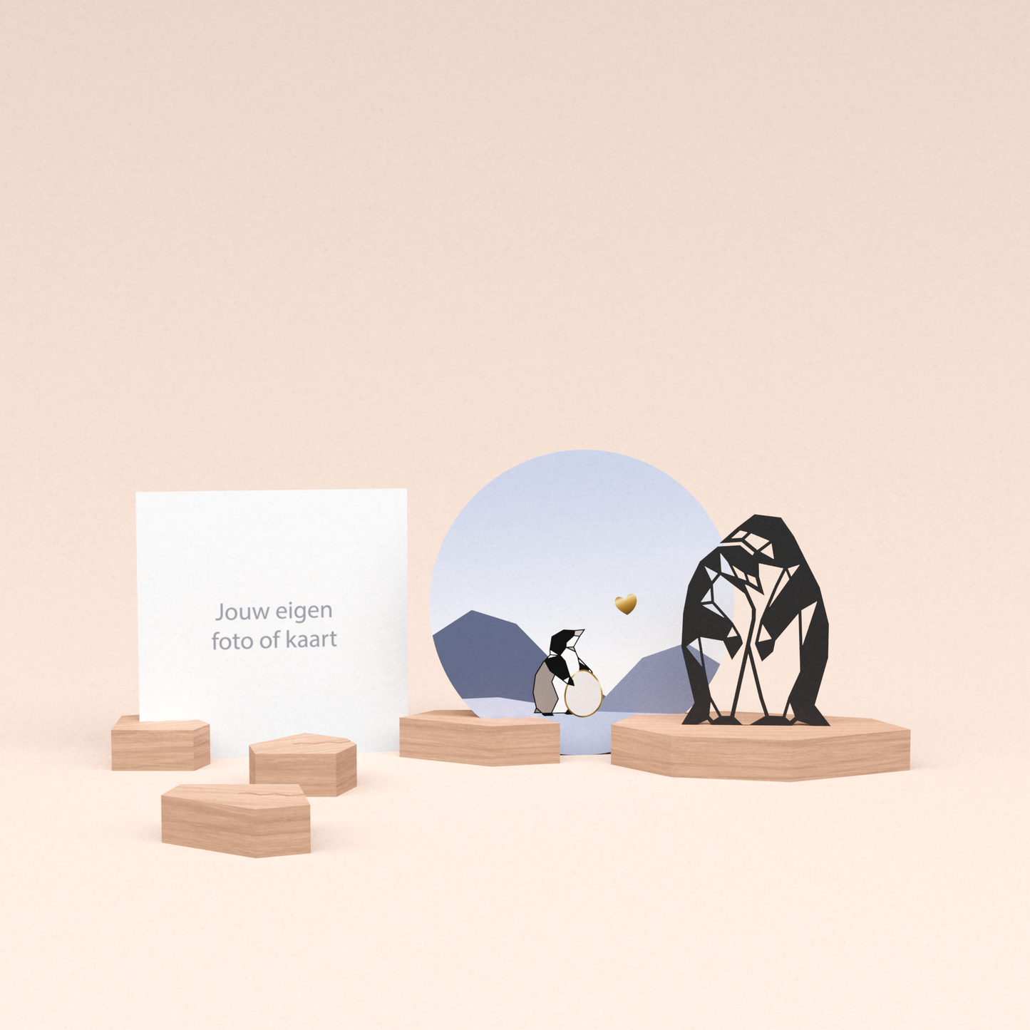 premium kaarthouder cadeauset met pinguins illustratie en luxe ronde kaart hoera een broertje of zusje