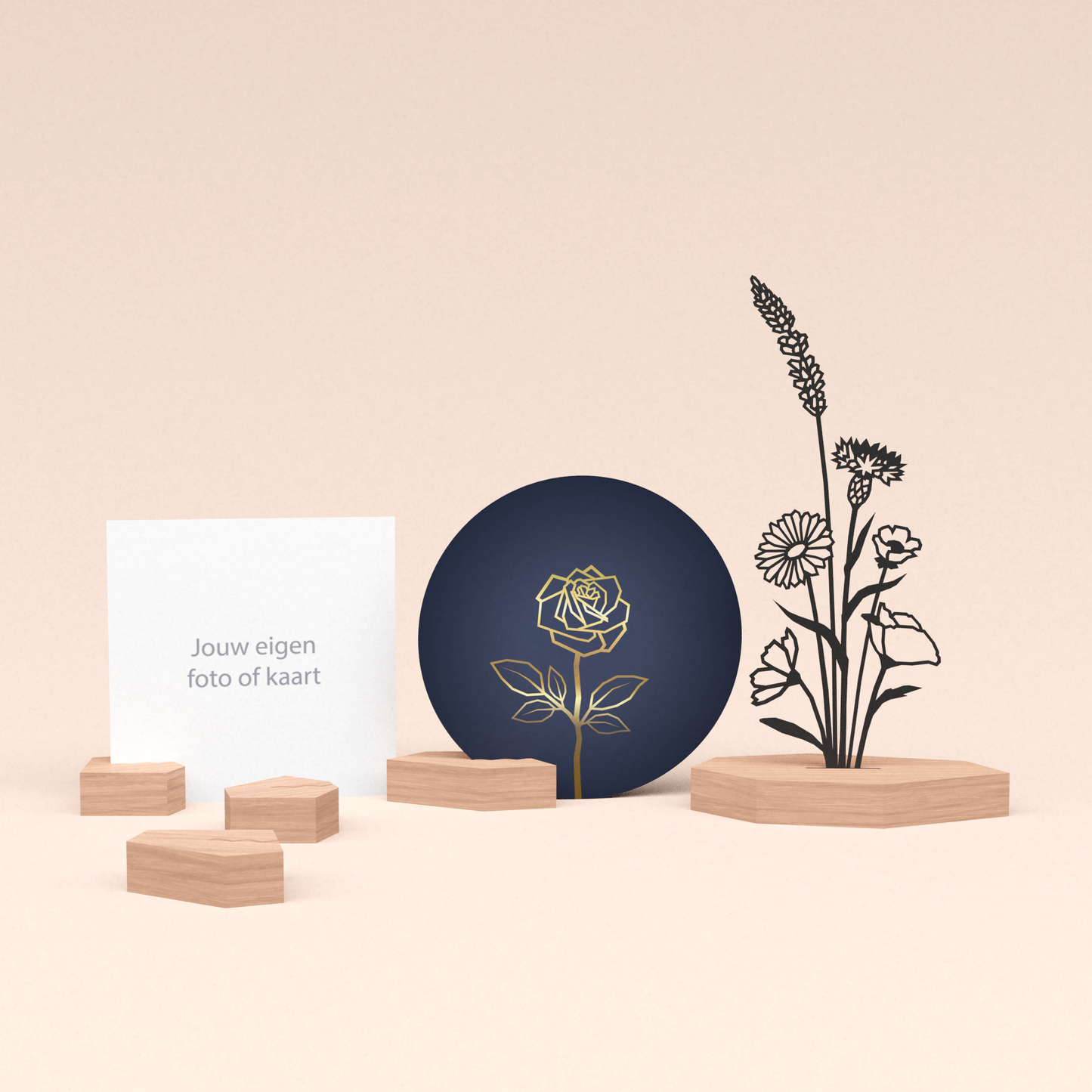 premium kaarthouder cadeauset met bloemenboeket illustratie en luxe ronde kaart roos (blauw) 