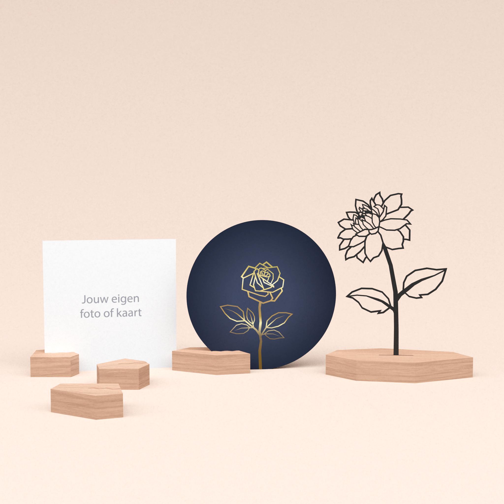 premium fotohouder cadeauset met dahlia bloem illustratie en luxe ronde wenskaart roos (blauw) 