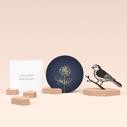 premium fotohouder cadeauset met mus illustratie en luxe ronde wenskaart roos (blauw) 